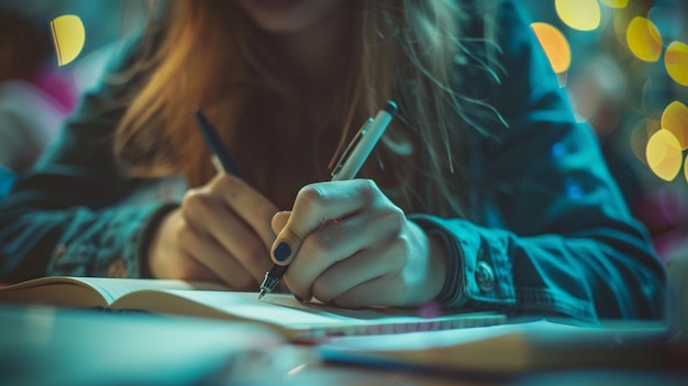 CloseUp de los estudiantes que escriben notas con el concepto educativo de la pluma