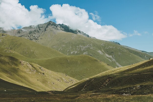 Closeup exibição de cenas de montanhas no Parque Nacional Dombai, Cáucaso, Rússia, Europa. Paisagem de verão, clima ensolarado, céu azul dramático e dia ensolarado