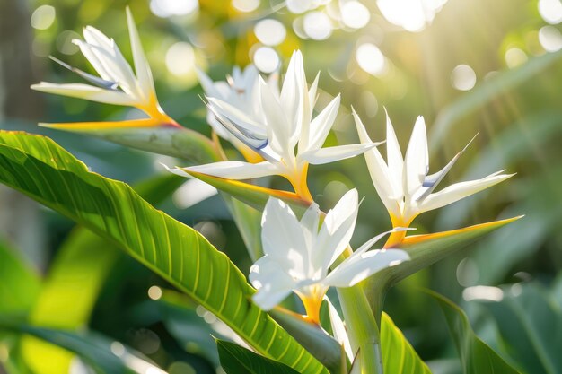 Foto closeup de la flor del pájaro blanco gigante de el paraíso la flor tropical exótica y la hoja de strelitzia