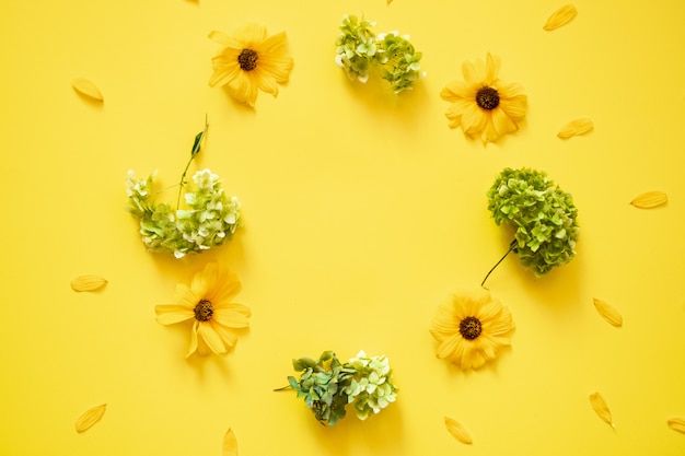 Closeup flores frescas espalhadas sobre um fundo amarelo. - copie o espaço no centro