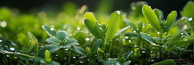 closeup fundo papel de parede banner foto de cor verde botões de plantas pequenas e saudáveis com gotas de água