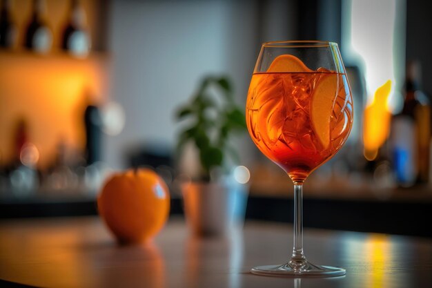 Closeup Glas Aperol Spritz Cocktail dekoriert mit Orange am Bar Hintergrund AI Generation