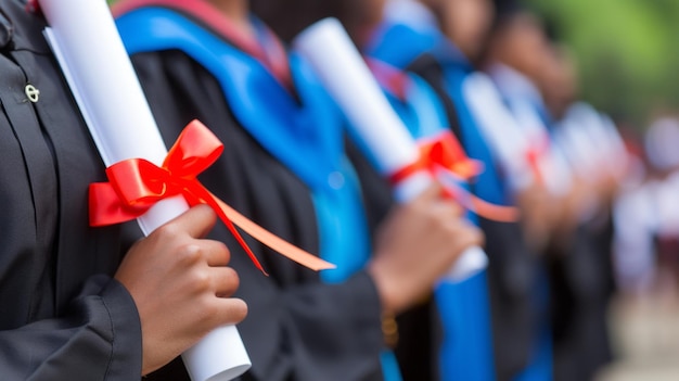 Foto closeup de graduados con regalias sosteniendo diplomas con cintas rojas