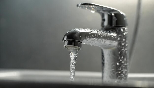 Closeup de un grifo de agua con gotas de agua Interior del baño