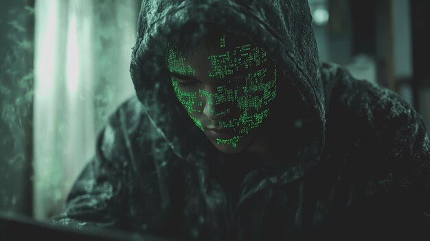 CloseUp de un hacker en una habitación con poca luz con una capucha y rodeado de código brillante capturando la misteriosa atmósfera de la intrusión cibernética