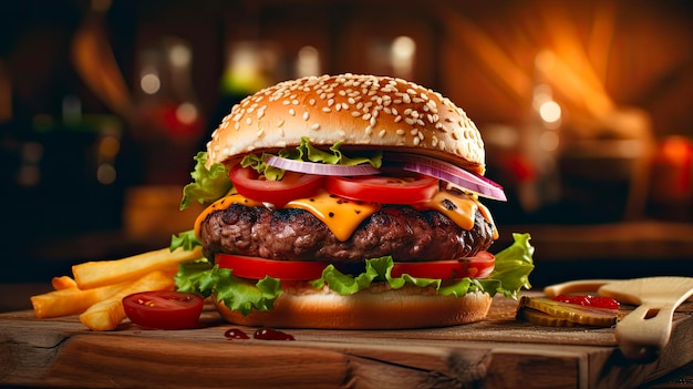 CloseUp de la hamburguesa de carne epicúrea con papas fritas en una mesa de madera rústica deliciosa y comida rápida para