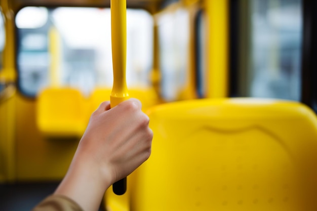 Foto closeup hand holding yellow handle in the bus