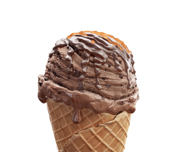 Foto closeup helado de chocolate en cono de waffle con caramelo