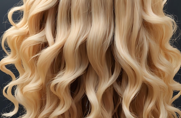 Closeup de hermosos cabellos largos y ondulados Ramas de hermosas cabellas largas y rizadas Belleza Moda Concepto de peluquería Imagen perfecta para el cuidado del cabello Copiar Espacio para texto y marca