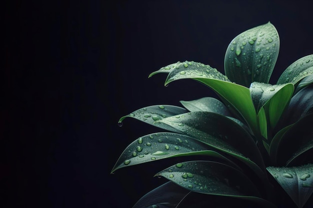 Closeup de hojas verdes de plantas con gotas de agua a generativas