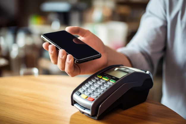 Closeup de un hombre usando una terminal de pago para pagar con un teléfono inteligente en un café