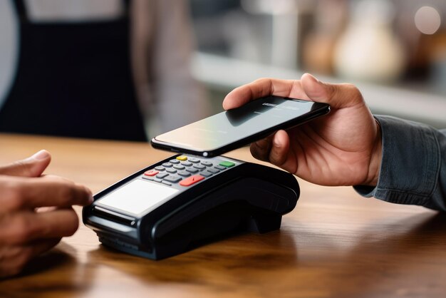 Closeup de un hombre usando una terminal de pago para pagar con un teléfono inteligente en un café