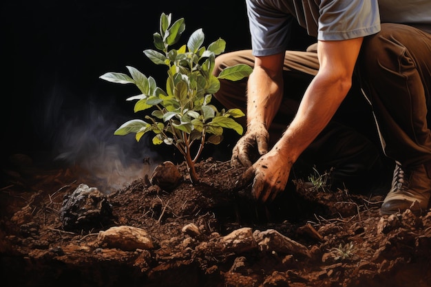 Closeup, homem, agricultor, trabalhador, mãos enluvadas, plantando sementes, tocando, solo, terra, jardinagem, crescimento