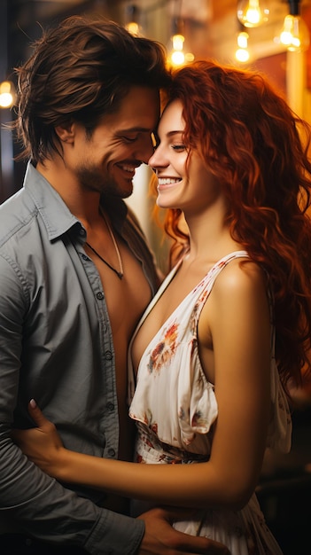 Closeup homem mulher abraçando restaurante fogo longo cabelo modelo atraente corpo rosto sorriso maroto