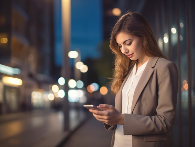 Closeup imagem de mulher de negócios assistindo dispositivo de telefone móvel inteligente ao ar livre Rede de empresária digitando uma mensagem sms na rua da cidade