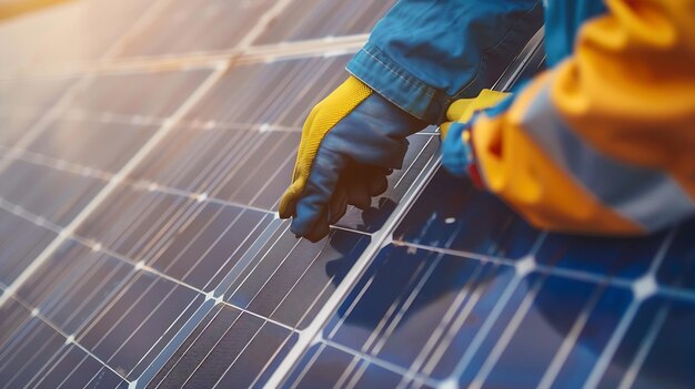 Closeup de la instalación de células solares en la planta de energía de la granja de células solares tecnología ecológica solar ce IA generativa