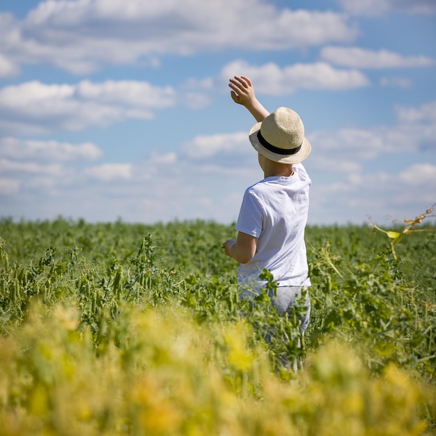 Closeup Kind Junge in Strohhut zu Fuß auf dem Feld und winkt an einem sonnigen Sommertag mit der Hand Kind auf dem Feld mit blauem Himmel und Wolken Hintergrund