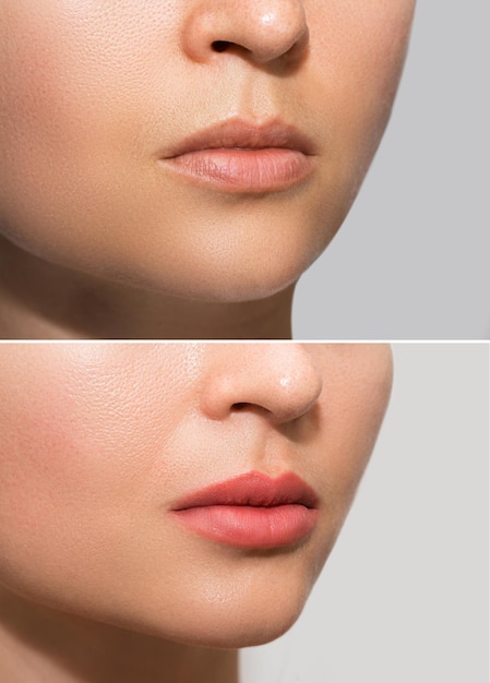Closeup de los labios femeninos después del procedimiento de rubor de labios de maquillaje permanente
