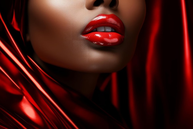 Closeup linda mulher lábios sensuais e carnudos com batom vermelho Foto macro de detalhes do rosto Pele limpa perfeita maquiagem labial fresca