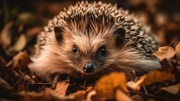 Closeup lindo erizo en el bosque de otoño