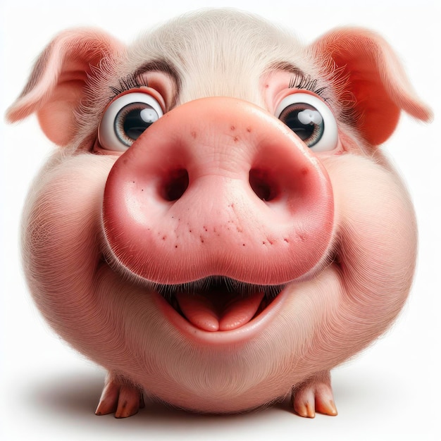Closeup Lustiges Porträt eines überraschten fetten Schweins mit riesigen Augen auf weißem Hintergrund, weitwinkelbild a generativ