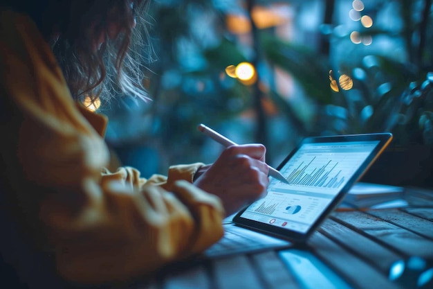 Closeup de una mano con un lápiz óptico apuntando a una tableta y leyendo datos digitales en una hermosa