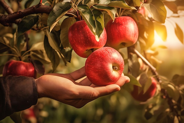 Closeup de una mano de una persona recogiendo una manzana de un árbol