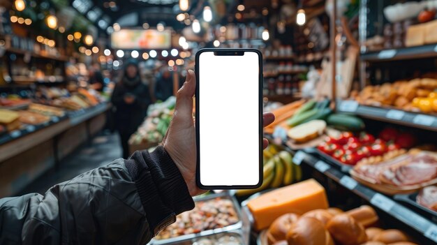 Closeup de una mano sosteniendo un teléfono inteligente con una pantalla en blanco en un pasillo de una tienda de comestibles que muestra productos frescos en el fondo