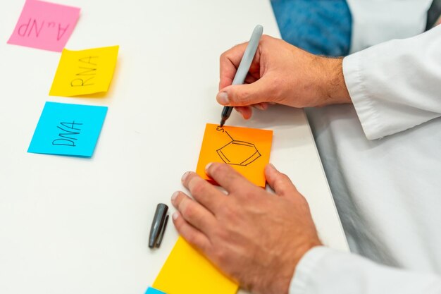 Foto closeup de las manos de un científico escribiendo notas durante un proceso de lluvia de ideas en un laboratorio