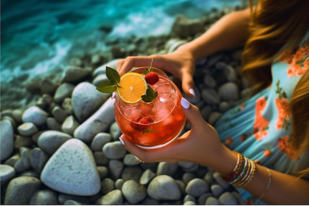 Closeup de manos femeninas sosteniendo un vaso de cóctel con lima de limón y menta en la playa