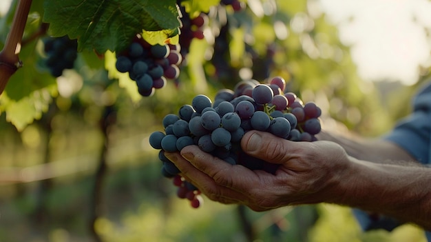 Closeup de manos de hombre sosteniendo un racimo de uvas en el viñedo
