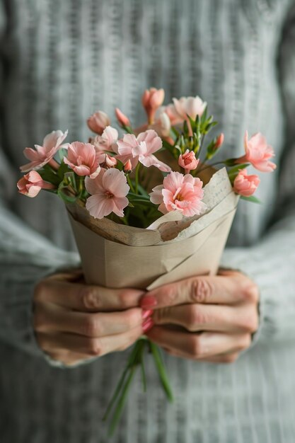 Closeup de las manos de los maestros sosteniendo flores y una carta foto publicitaria de enfoque suave