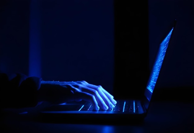 Closeup de las manos de una persona escribiendo en un teclado de portátil iluminado por la pantalla en una habitación oscura