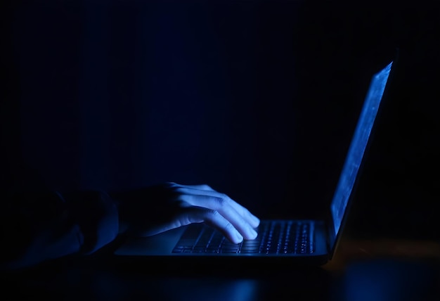 Closeup de las manos de una persona escribiendo en un teclado de portátil iluminado por la pantalla en una habitación oscura
