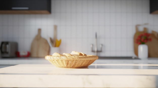 Closeup de la mesa de la cocina con un plato de mimbre de pan casero contra el fondo del interior