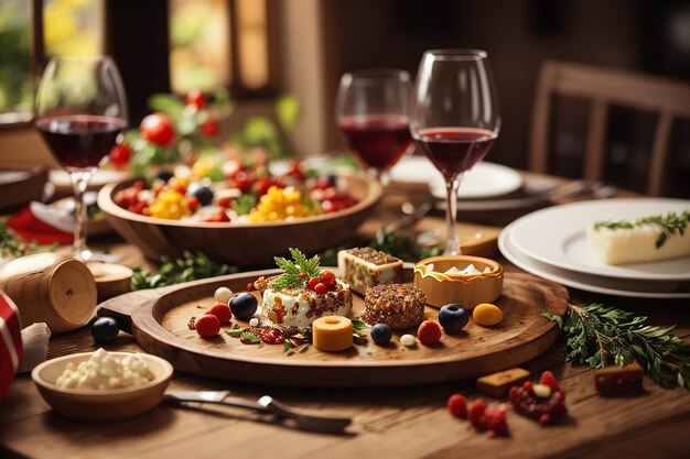 Foto closeup de una mesa de madera vacía en medio de un banquete de delicias gastronómicas