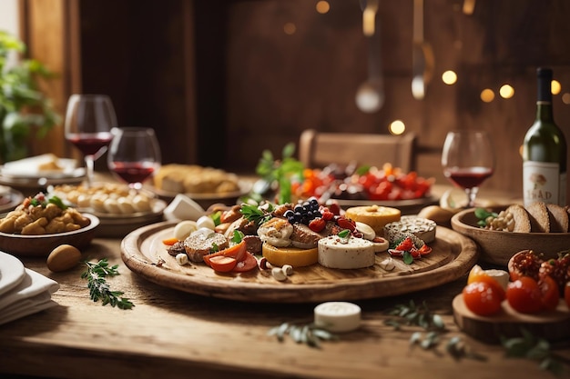 CloseUp de una mesa de madera vacía en medio de un banquete de delicias gastronómicas