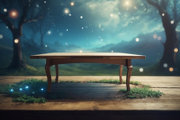 CloseUp de una mesa de madera vacía en un mundo de ensueño de fantasía