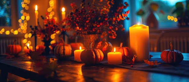 Closeup de la mesa temática de Halloween con velas encendidas en una habitación débilmente iluminada