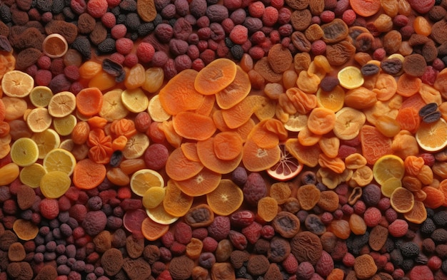 closeup mistura seca de frutas e nozes lanches saudáveis fundo de textura ai gerado