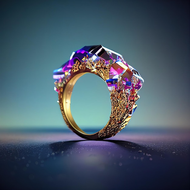 Closeup mit einem Verlobungsring Der Ring der Macht Ein Kristallring mit einem Halbedelstein Eine künstlerische Illustration mit einem teuren Schmuck 3D-Stil