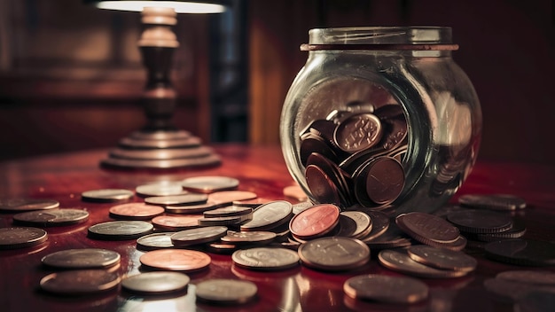 Closeup de monedas en un frasco en la mesa con pesos bajo las luces