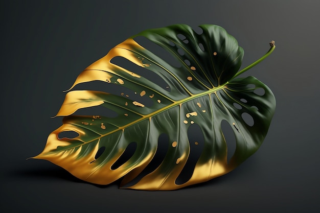 Closeup Monstera tropical verde realista com tinta dourada isolada em fundo limpo