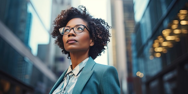 Closeup de una mujer de negocios negra de mediana edad en un traje formal contra el telón de fondo de los rascacielos en el distrito comercial de la ciudad Éxito y prosperidad Trabajo duro en finanzas