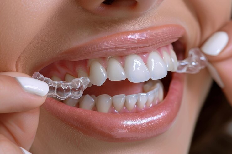 Closeup de una mujer sonriente insertando alineadores ortodóncicos transparentes para la corrección dental Closeup de un s