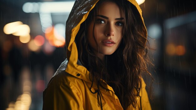 closeup mulher bonita em casaco de chuva amarelo sob a chuva na cidade à noite