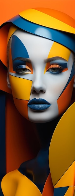 closeup mulher rosto chapéu desenho leite amarelo maquiagem azul laranja simetria biomecanismo