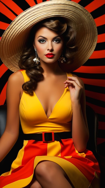 closeup mulher vestido amarelo chapéu de palha deslumbrante macacão laranja retrô pinup modelo romeno senhorita