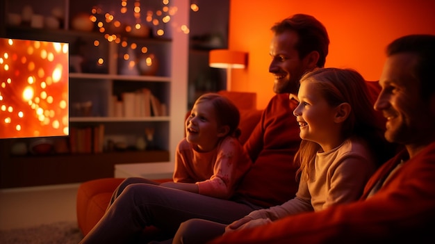 closeup na família feliz assistindo tv na moderna sala de estar com iluminação de fibra óptica laranja