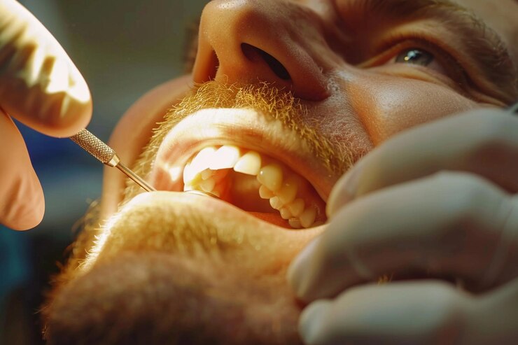 Foto closeup nas maos do dentista usando uma broca para tratar uma carie no dente de um paciente